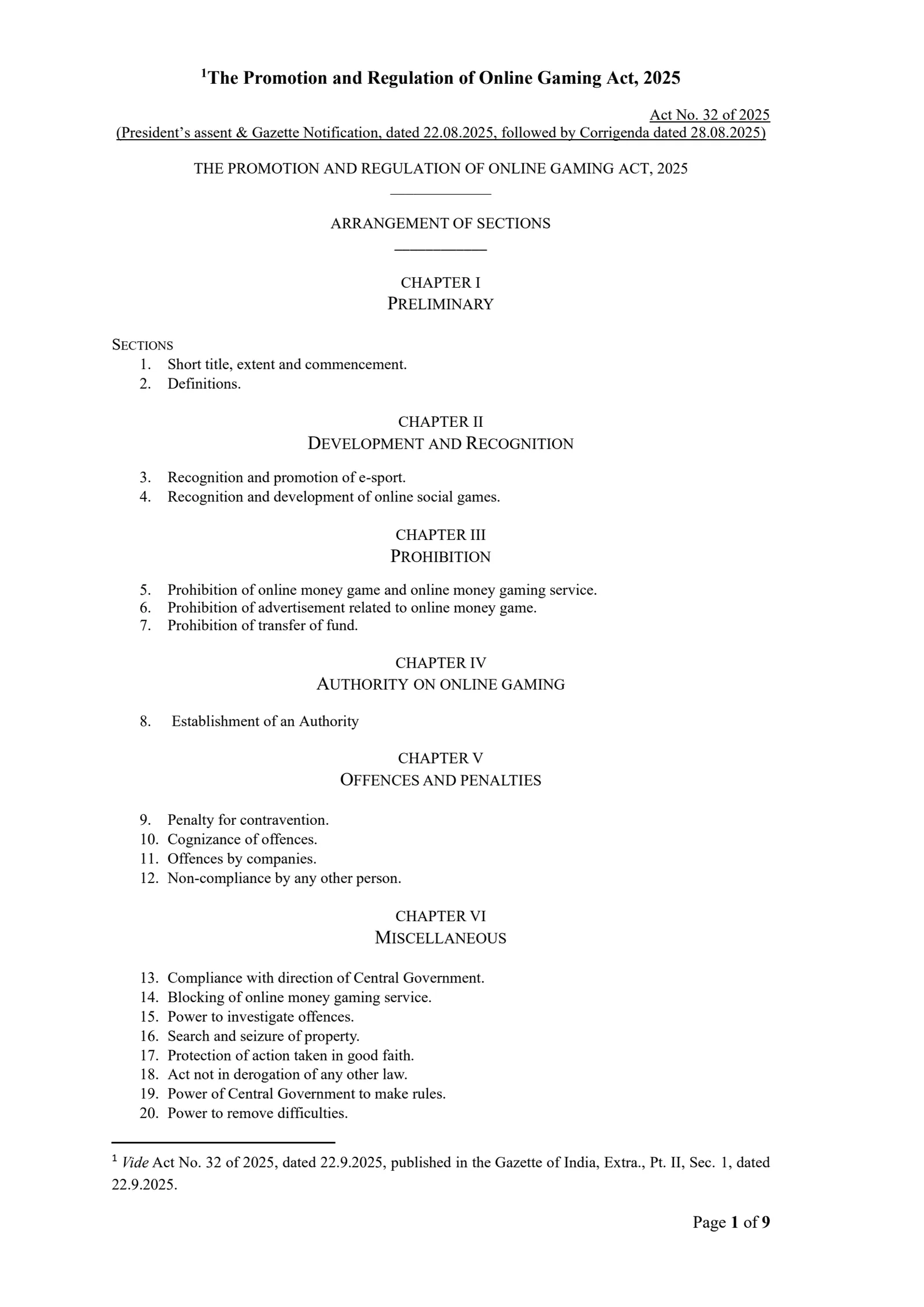 First page of India’s Promotion and Regulation of Online Gaming Act, 2025