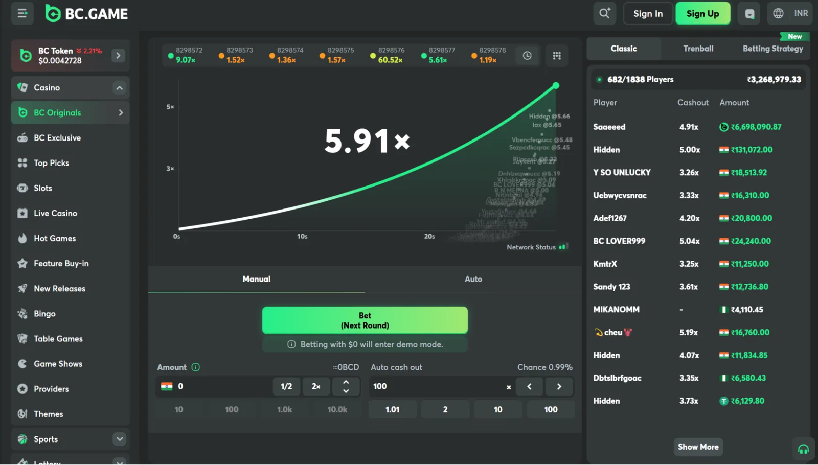 BC.GAME Crash screen with rising multiplier chart and demo bet controls