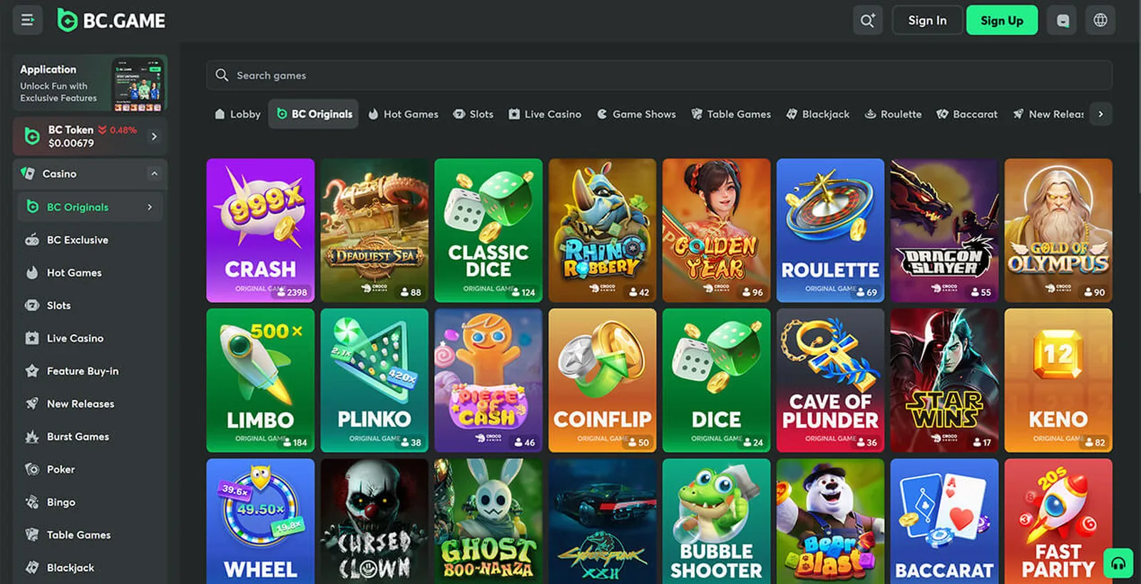 BC.GAME Originals lobby showing Crash, Limbo, Plinko and Keno tiles