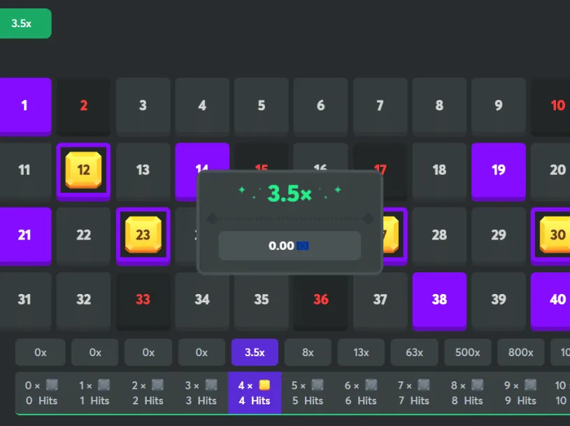 BC.GAME Keno result grid with selected numbers and payout table