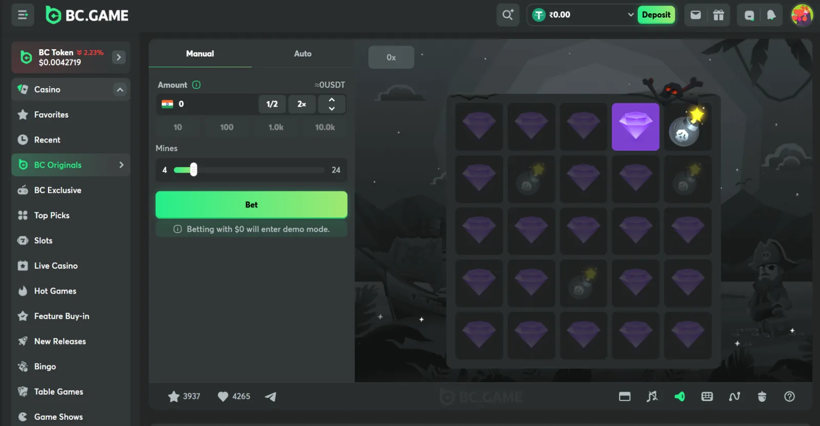 BC.GAME Mines screen with hidden grid, gems, bombs and demo bet controls